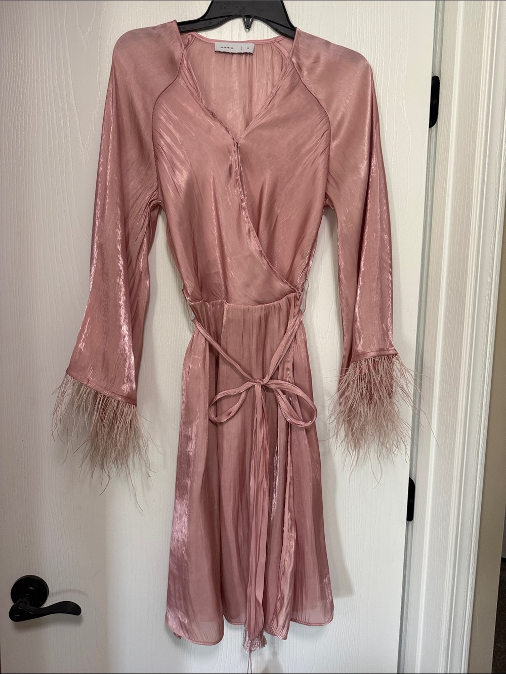 Satin Feather-Trim Wrap Dress in Blush Pink